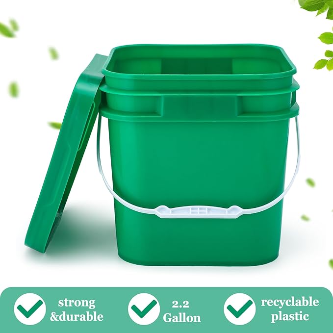 Suzile 2.2 Gallon Square Bucket with Lid Food Grade Plastic Bucket 10L Utility Industrial Pail with Handle Container for Food Oil Tub Water Fishing Paint House Cleaning Car Washing(Green,10pcs)