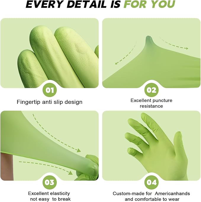 FINITEX Nitrile Disposable Latex-Free Gloves Green - 3.5mil 100PCS Powder-Free Gloves Cleaning Medical Exam Food Gloves