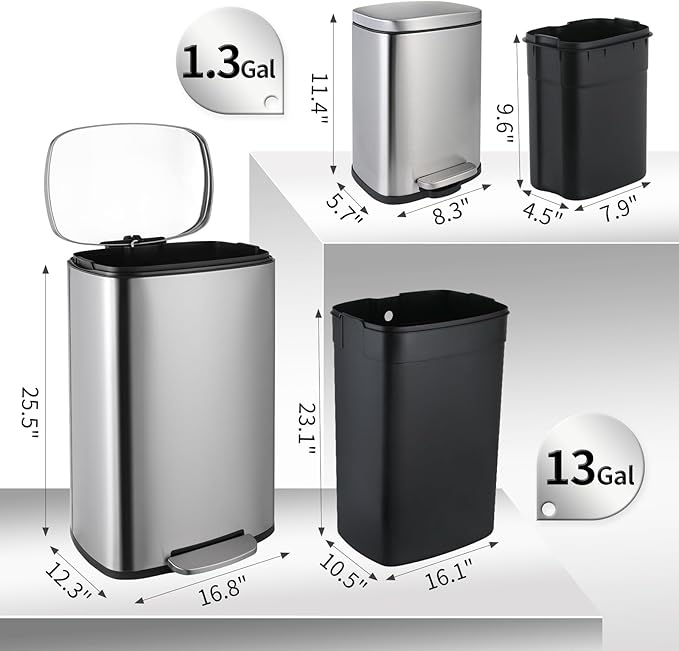 13.2+1.3 Gallon Trash Can Combo Set, Stainless Steel Garbage Bin with Pedal, Removable Inner Waste Bucket, Anti-Fingerprint, Soft-Close Locking Lid Dustbin for Kitchen, Bathroom, Office