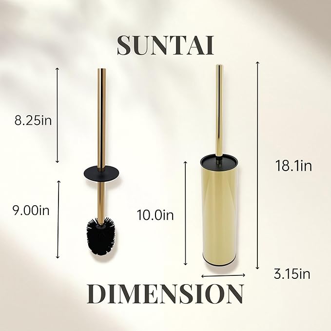 Toilet Brush and Holder,304 Stainless Steel Toilet Brush with Long Brush Handle,Toilet Bowl Brush for Bathroom Cleaning,2 Bristle Heads, Gold