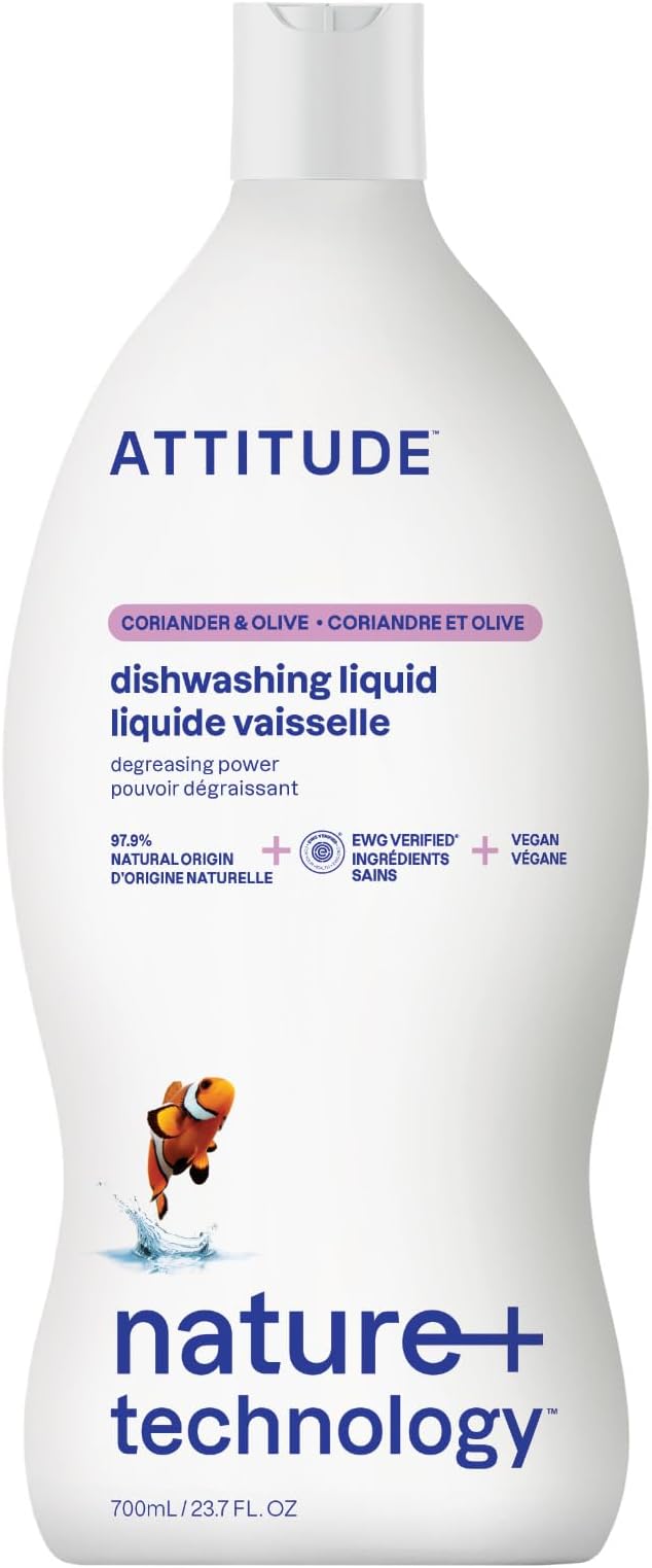 ATTITUDE Dish Soap, EWG Verified, Plant-Based & Vegan Dishwashing Liquid, Naturally Derived, Olive and Coriander Scent, 23.7 Fl Oz