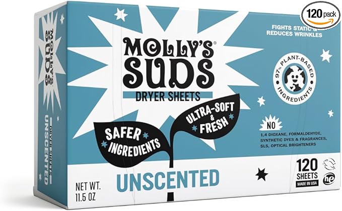 Molly's Suds Fabric Softener Dryer Sheets for Sensitive Skin | Plant-Based Static Reducer, Plastic-Free Packaging | Unscented (120 Sheets)