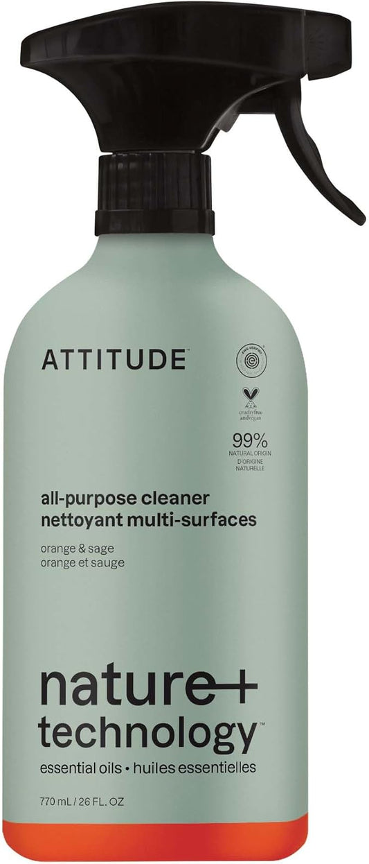 ATTITUDE All-Purpose Cleaner Spray, Plant-Based Ingredients, EWG Verified, Streak Free, Ammonia Free, Removes Fingerprints, Dust and Dirt, Sage & Orange, 26 Fl Oz