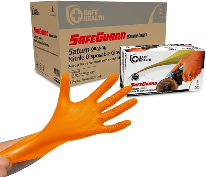 Safe Health Nitrile Industrial Disposable Gloves, Black 6 Mil, Orange 8 Mil, Diamond Textured