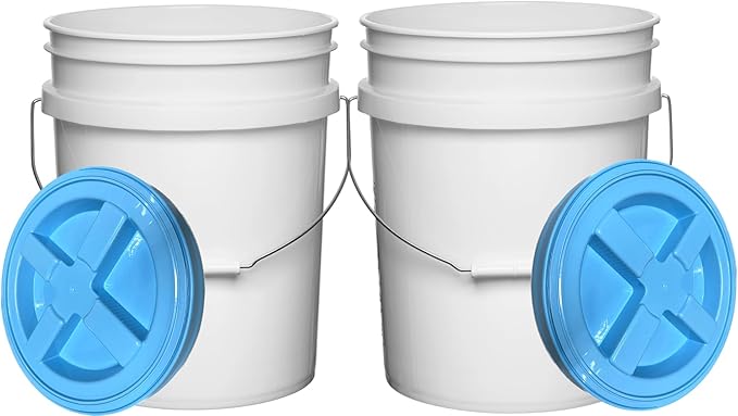 House Naturals Food Grade 5 Gallon Made in USA Plastic Bucket with Air Tight Screw on Lid (Pack of 2) (White Buckets with Aqua Lids)