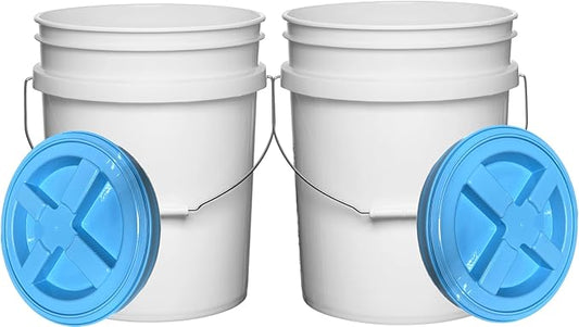 House Naturals Food Grade 5 Gallon Made in USA Plastic Bucket with Air Tight Screw on Lid (Pack of 2) (White Buckets with Aqua Lids)