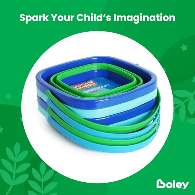 Boley 4-Pack Silicone Foldable Buckets - Multi-Purpose Collapsible Buckets with Handles for Kids, Eco-Friendly Space Saving Beach Playset, Ice & Toy Storage Bin, Child-Safe Outdoor Activity Buckets