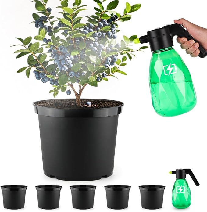 5-Gallon Nursery Pots 5P with 0.5 Gallon/2L Electric Spray Bottle, Plant Containers with Drainage Holes, Round Sturdy Garden Planters for Indoor/Outdoor Greenery