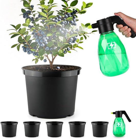 5-Gallon Nursery Pots 5P with 0.5 Gallon/2L Electric Spray Bottle, Plant Containers with Drainage Holes, Round Sturdy Garden Planters for Indoor/Outdoor Greenery