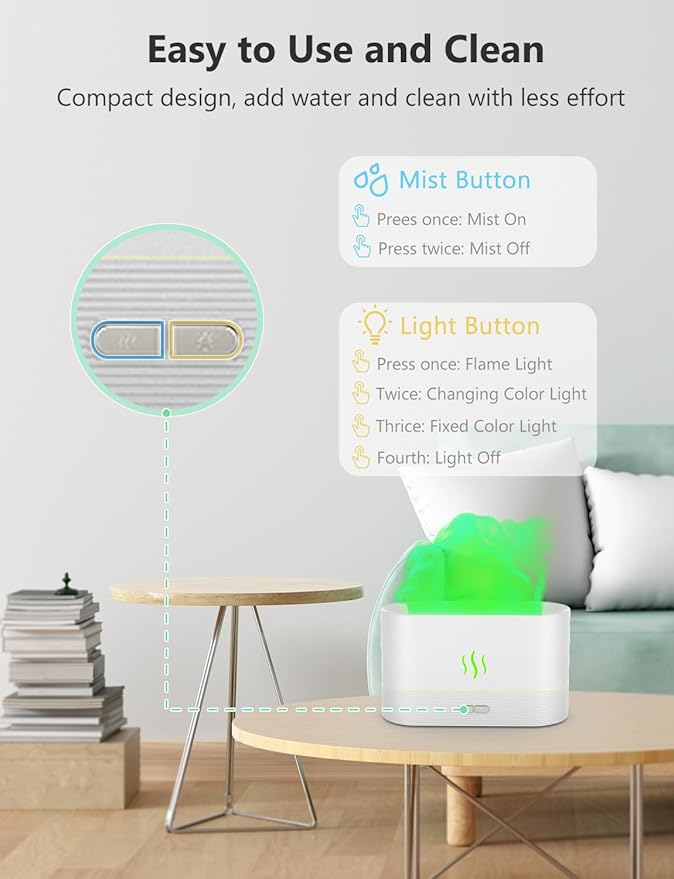 Essential Oil Diffuser, Air Humidifier with Flame Led Light - 7 Colors, 180mL Capacity (8 Hours), Noiseless Operation, Auto-Off Protection - Perfect for Home Bedroom Office Gifts(Black)