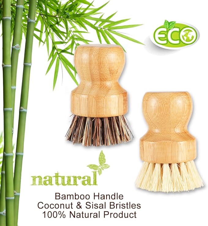 Bamboo Dish Brush with Ceramic Dish, Natural Bristle Palm Brush Pot Scrubber for Cast Iron Pans Vegetables and Kitchen Sink Cleaning - 2 Pack