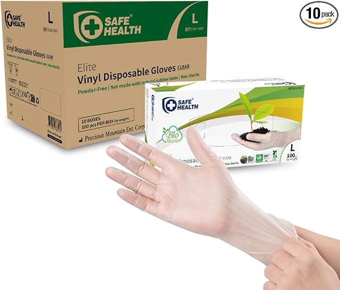 Safe Health Biomass Eco-Friendly Vinyl Disposable Gloves, USDA Certified Biobased Product, Latex Free, Powder Free, Clear, Case of 1000, Large, 3 mil