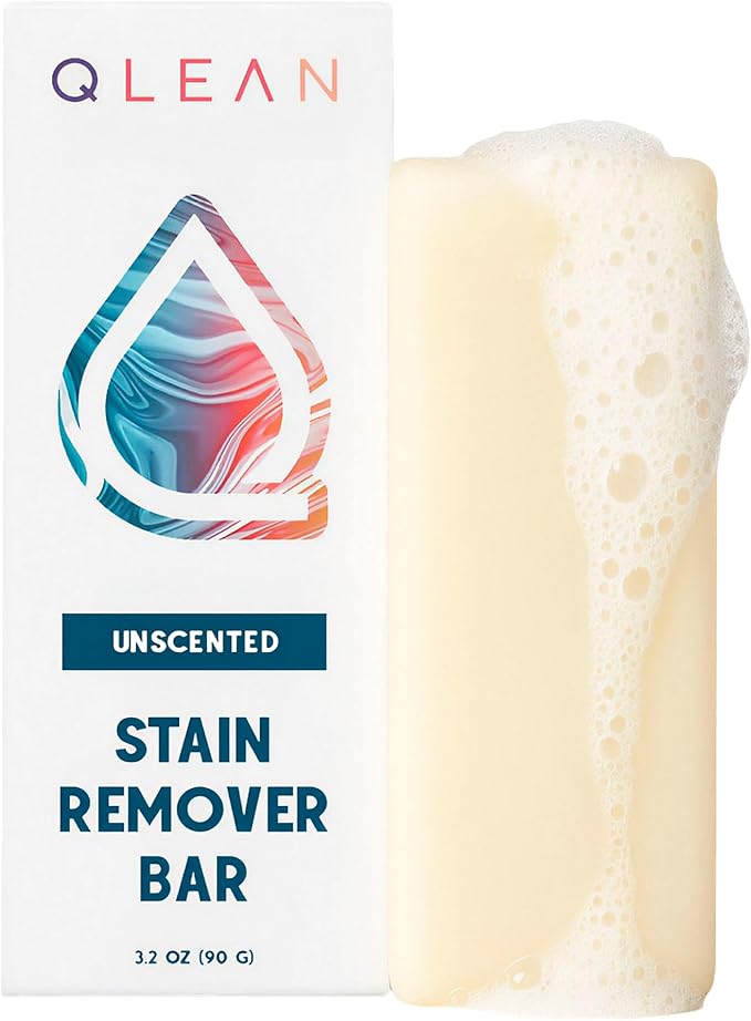 QLEAN Vegan Stain Remover Bar for Fabrics, Laundry Bar Soap for Clothes – Plant-Based, Travel-Friendly Stain Remover for Grease, Wine, Coffee, Grass & More – Non-Toxic & Safe for Delicates (1)