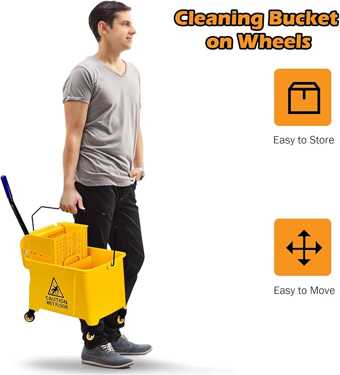 ARLIME Mop Bucket with Wringer On Wheels, 21 Quart Capacity Portable Wringer Trolley on Wheels, Side Press Floor Cleaning Wavebrake w/Handle, Mop Bucket for Home, Commercial, Restaurants