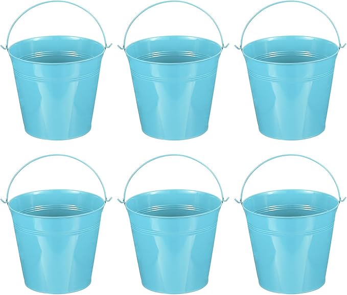 PATIKIL 7"x6.4" Small Metal Buckets with Handle, 6 Pcs Mini Galvanized Bucket Colorful Easter Buckets for Crafts Party Favors Decoration, Blue