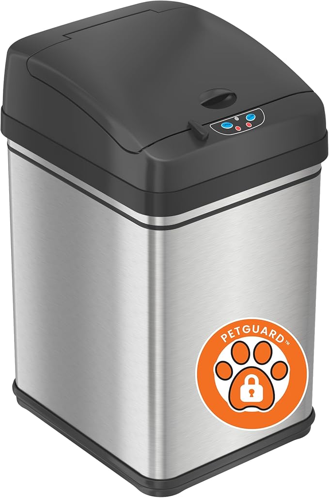iTouchless 8 Gallon Pet-Proof Sensor Trash Can with AbsorbX Odor Filter Kitchen Garbage Bin Prevents Dogs & Cats Opening Lid, Stainless Steel plus PetGuard, Battery and AC Adapter (Not Included)