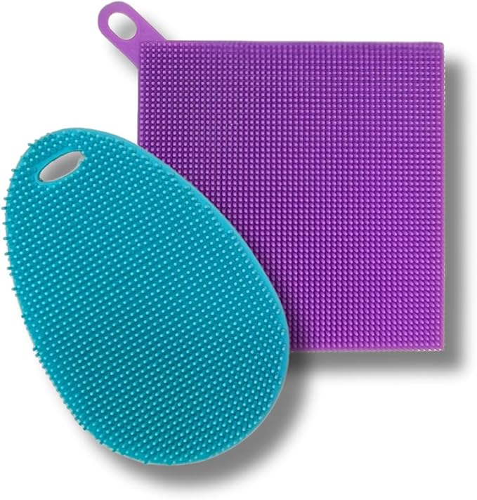 Silicone Dish Sponge Dish Scrubber (Oval and Square) - Dual-Sided, Food Grade Silicone Sponges for Dishes and Housecleaning 2-Pack