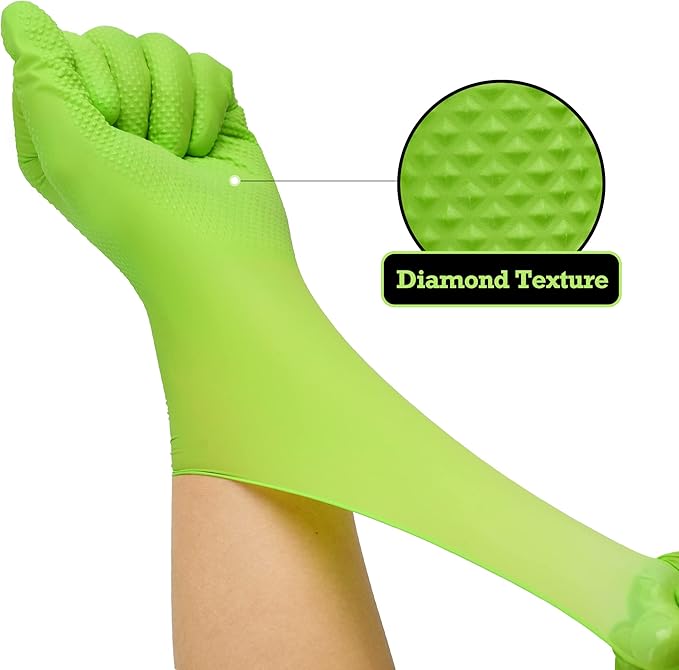 TitanFlex Heavy Duty Green Industrial Nitrile Gloves with Raised Diamond Texture, 8-mil, Latex Free, Powder Free