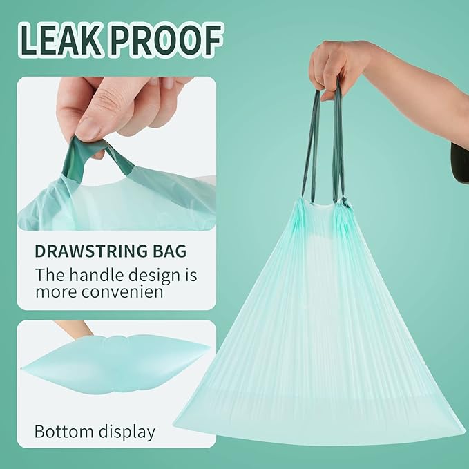 Biodegradable drawstring trash bags, 4 Gallon, 100% Compostable garbage bags wastebasket liners bags for kitchen bathroom office garden,US BPI ASTM D6400 and Europe OK Compost Home Certified