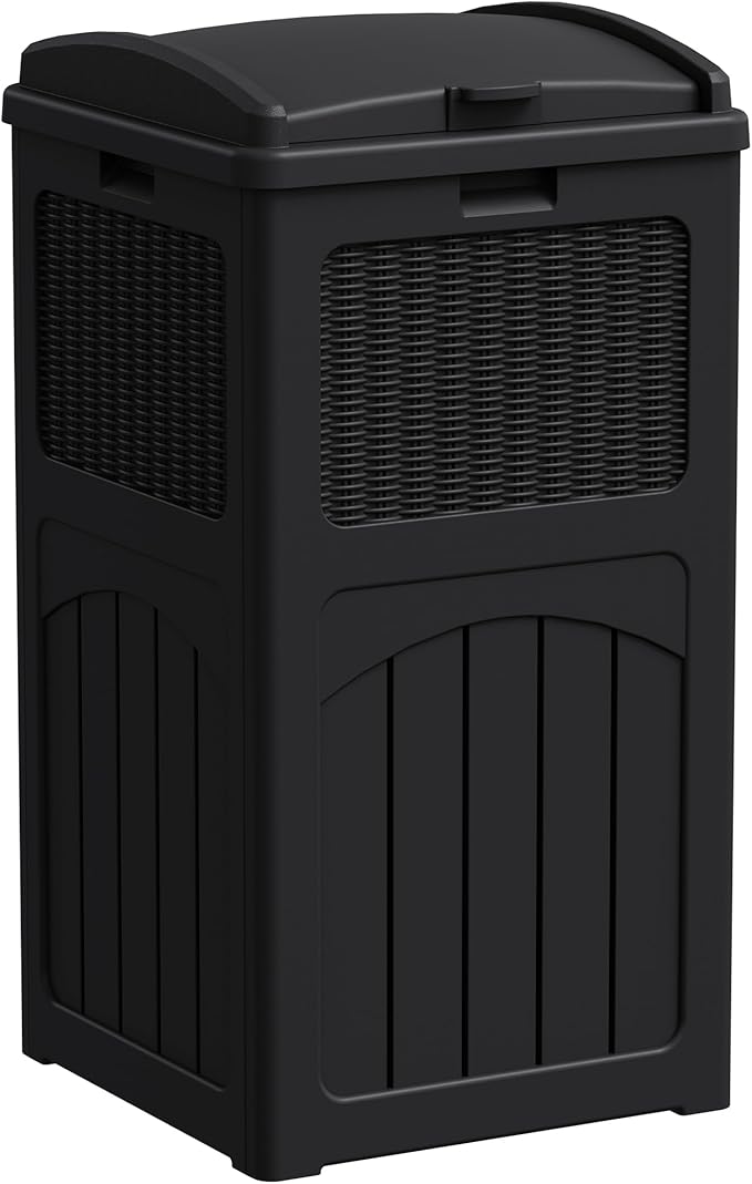 Greesum 33 Gallon Outdoor Trash Can with Lid, Waterproof Resin Garbage Bin for Hideaway, Deck, Patio, Dark Black