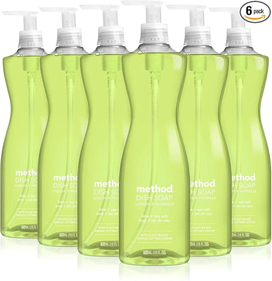 Method Gel Dish Soap, Lime + Sea Salt, Biodegradable Formula, Tough on Grease, 18 Fl Oz (Pack of 6)