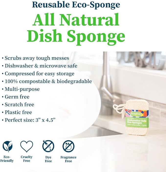 Truly Free Natural Cleaning Sponges, 100% Organic Luffa Dish Scrubber, Plant-Based Compostable Kitchen Dishwasher Sponge, Cleans Sink, Grout & Tile, Non Scratch Scouring Pad - 4.4 x 2.8 in, Pack of 3