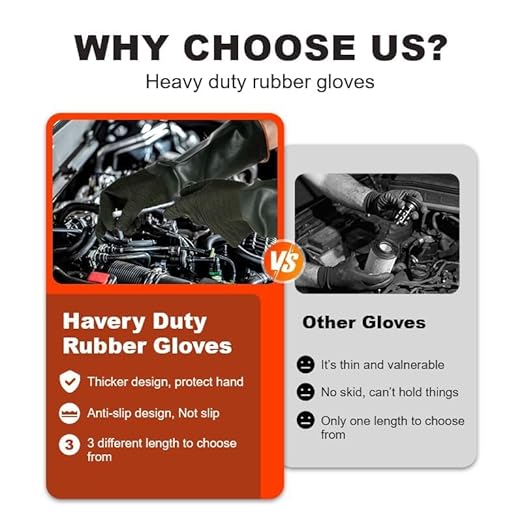 North Tower Heavy Duty Rubber Gloves, Industrial Gloves Waterproof Reusable Protective Work for Cleaning, Dishwashing, Upgraded with Non-Slip Design, Black（18in,2 pair）