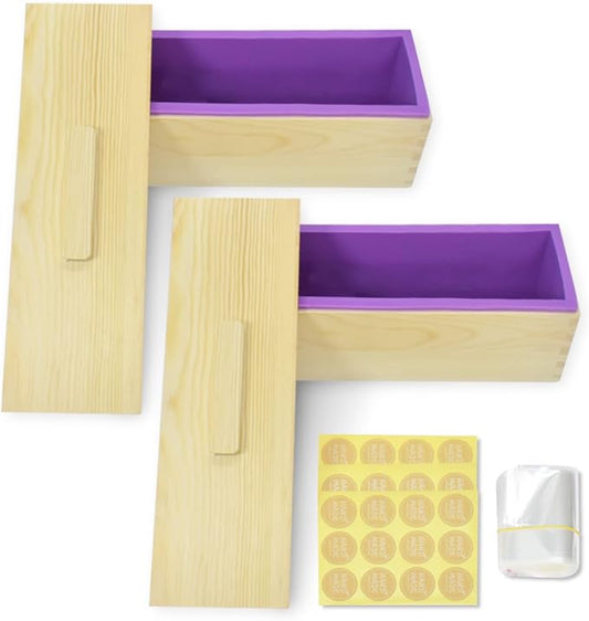 Artcome 42oz Soap Loaf Molds Rectangular Silicone Moulds Wooden Box with Lid, Soap Molds Set with 100pc Bags and 36 Sticker, 2 Sets