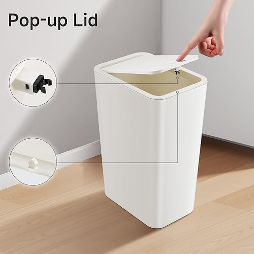 TIPGO Bathroom Trash Can with Lid, 4 Gallon / 15 Liter Small Garbage Can, Press Top Bin, Plastic Wastebasket with Pop-Up Lid for Bedroom, Living Room, Office (White, 2 Pack)