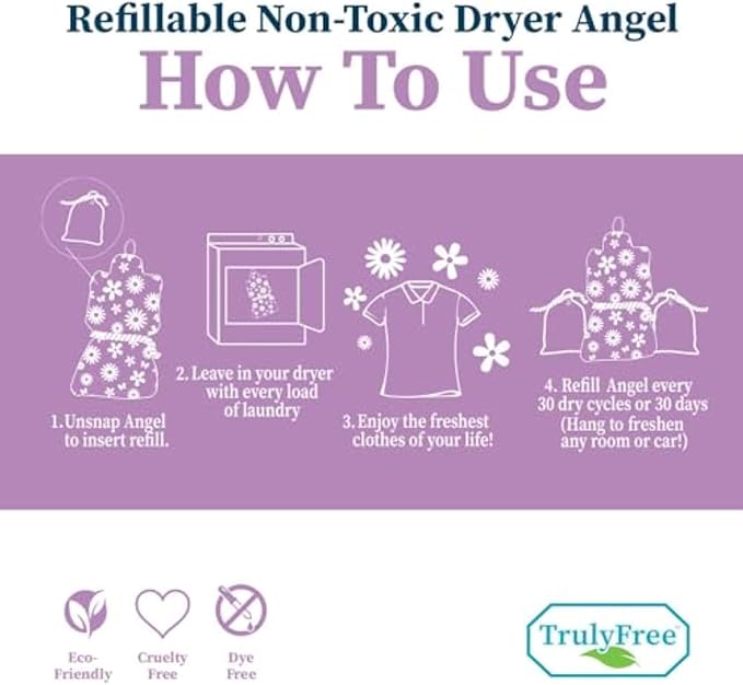 Truly Free Dryer Angel - Natural Dryer Sheet Alternative, Non-Toxic Reusable Fabric Softener Sheets and Scent Booster, Safe for Babies and Sensitive Skin, Laundry Room Essentials - 2 Packs + 2 Refills