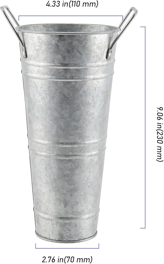 8 Pack 9 Inch Tall Galvanized Flower Bucket, Silver Farmhouse French Flower Bucket with Handle, Rustic Bucket Vintage Metal Vases for Flower, Centerpieces, Floral Wedding Arrangements