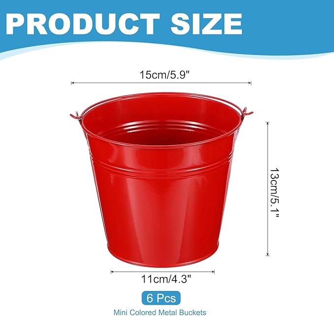 PATIKIL 5.9"x5.1" Small Metal Buckets with Handle, 6 Pcs Mini Galvanized Bucket Colorful Easter Buckets for Crafts Party Favors Decoration, Red