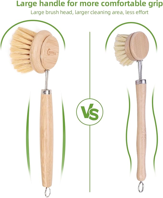 Eco-Friendly Kitchen Brush Set, Bamboo Dish Brush with Handle 3 Replacement Heads, Vegetable Scrubber Natural Sisal Fiber for Effective Cleaning Non-Stick Pans, Pots, Utensils