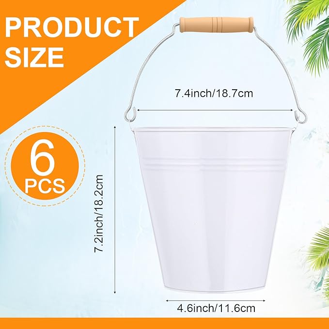 Zopeal 6 Pcs Large Metal Bucket Beer Bucket Galvanized Steel Pail with Handle for Gifts Basket Ice Candy Party(7.4 x 7.2 x 4.6 Inch,White)