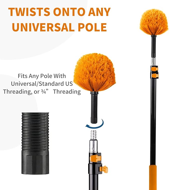 3 Pack Screw on Webster Cobweb Duster Head for Pole,Spider Web Remover Brush, Cobweb Duster Head Attachment,Fits Standard 3/4 inch Threaded Poles (3, Orange)