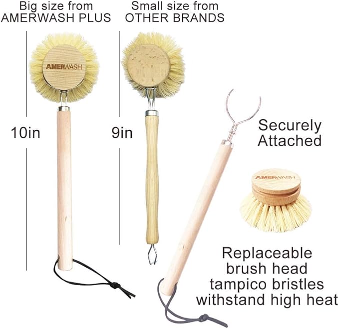 Dish Brush with Wooden Handle, Natural Kitchen Brush for Dishes Vegetable, Pots and Pans, Tampico Fiber Bristles Scrubber, Extra 3 Pack Replacement Head Included