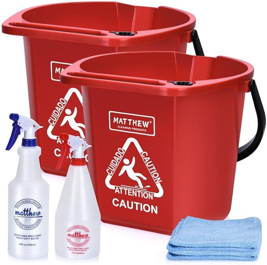 Matthew Cleaning 4.2 Gallon Mop Bucket, Heavy Duty Plastic Cleaning Bucket with Built-in Pour Spout, Mop Holder and Comfort Grip Handle, House and Commercial Cleaning Supplies, 2 Pack Red
