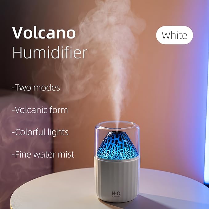 Colorful Volcano Humidifier, Ultrasonic Cool Mist Auto Shut-Off Car Diffuser, 2 Fog Mode Ultra Quiet Humidifier for Car Bedroom Office USB-300ml (White)