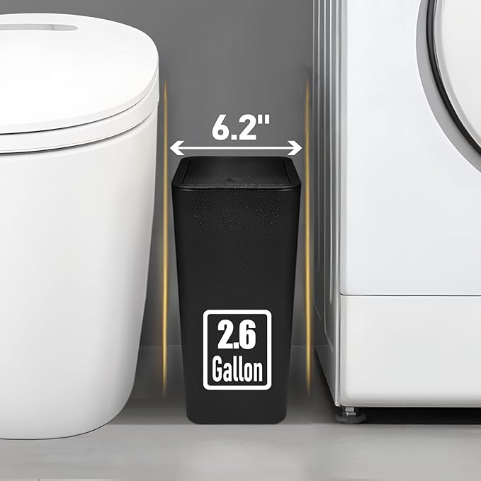 TIPGO Bathroom Trash Can with Lid, 10 Liter/ 2.6 Gallon Slim Garbage Can, Small Trash Bin Waste Basket with Pop-Up Lid for Kitchen, Bedroom, Living Room, Office (2 Pack, Black)