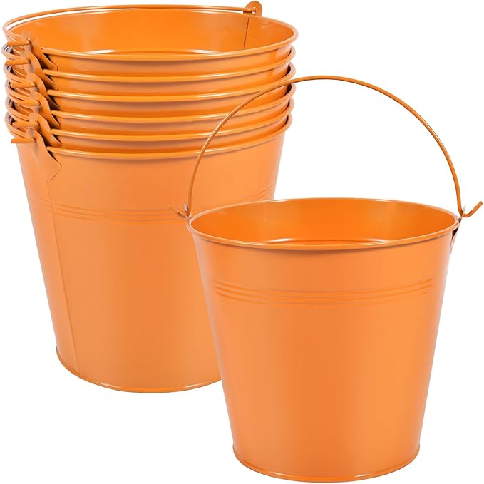 OBTANIM 7 Pack Orange Metal Buckets with Handle Galvanized Ice Pails for Plants, Succulents, Party Favors Organizing, Rustic Home Decor or Classrooms Pencil Storage (6 x 4.4 inch)