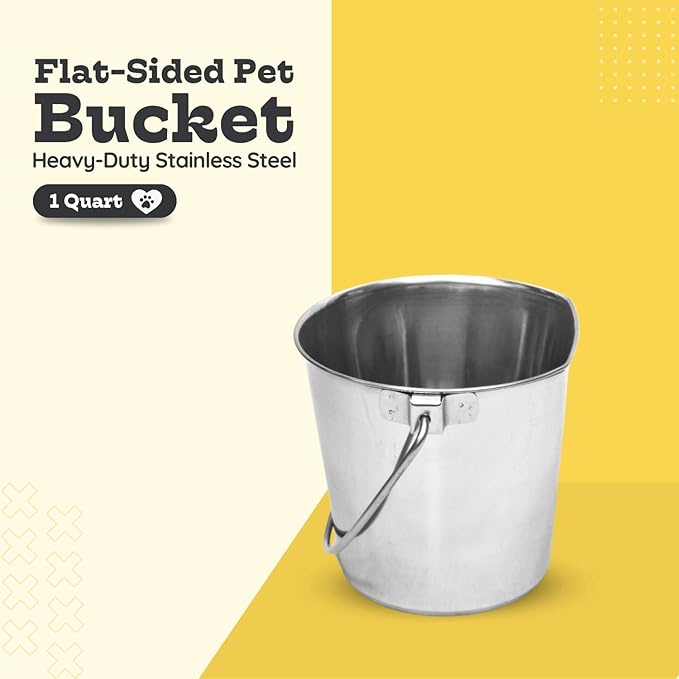 1 Quart Stainless Steel Flat Side Bucket | Durable Heavy Duty Food & Water Feeding Pails for Small Pet Dog Birds Cat | Fits kennels Cages Critter Crates Hanging Pail | Multipurpose Bucket