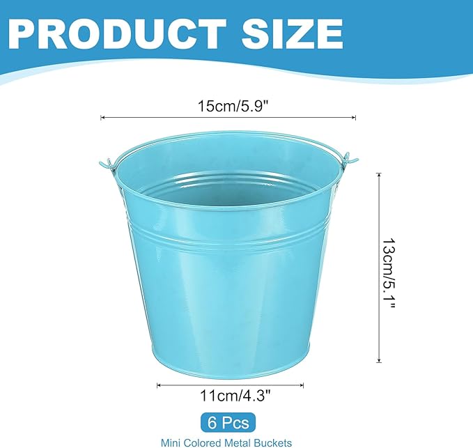 PATIKIL 5.9"x5.1" Small Metal Buckets with Handle, 6 Pcs Mini Galvanized Bucket Colorful Easter Buckets for Crafts Party Favors Decoration, Blue