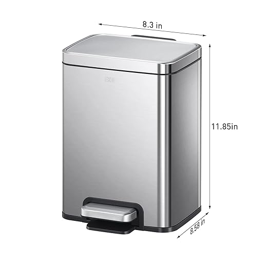 EKO Madison 6L / 1.6 Gal Bathroom Trash Can with Lid and Removable Inner Basket, Rectangular Small Step Trash Can, Brushed Stainless Steel