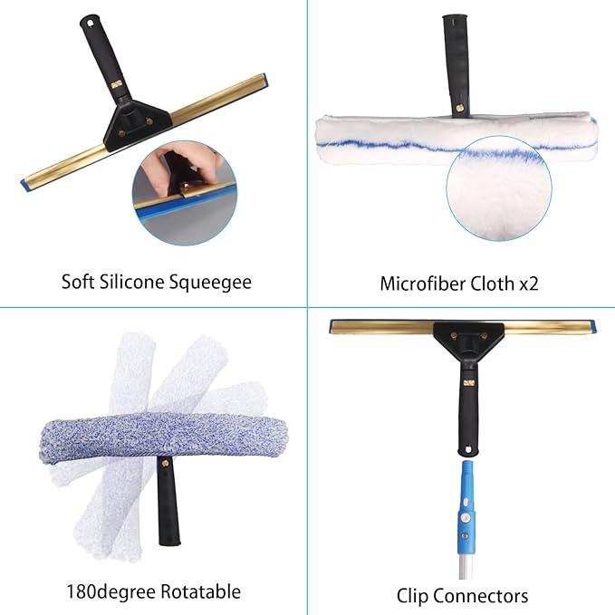 Window Cleaning Kit with Storage Bucket,Window Washing Kit with 4.5Ft Extension Pole,Scrubber,Spray Bottle,Duster Cloth,Squeegee with Rotating Head,Professional Window Cleaning Squeegee Kit