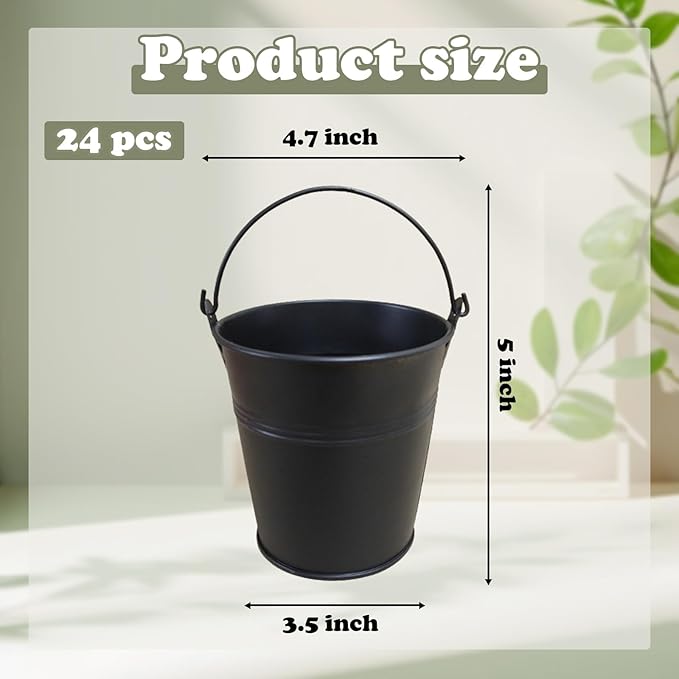 24 Packs Mini Metal Buckets with Handles,5 x 3.5 x 4.7 Inch Black Mini Iron Pail Small Galvanized Tin Pails for Events, Classroom, School Storage, Succulents, Rustic Home Decor