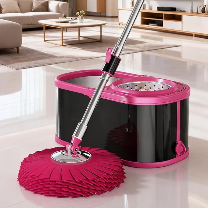 Stainless Steel Spin Mop and Bucket with Wringer Set for Home,360° Mop and Bucket with Separate Clean and Dirty Water,Wet Dust Mop for Floor Cleaning with Extra Refills (Black Pink)