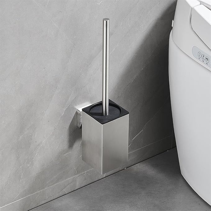 Toilet Brush and Holder Set Wall Mount or Freestanding KWQKEM Modern Toilet Bowl Cleaners Brush and Holder with Lid 304 Stainless Steel (Brushed Silver)