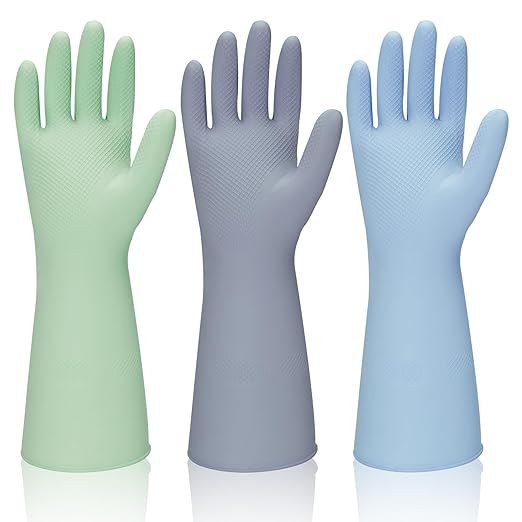 Rubber Kitchen Dishwashing Gloves - 3 Pairs Reusable Household Cleaning Gloves, Flexible and Durable & Non-slip Cleaning Gloves, Great for Kitchen, Bathroom, Laundry (Medium, Green+Blue+Grey)