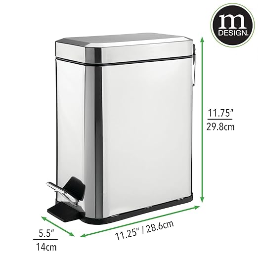mDesign Small Modern 1.3 Gallon Rectangle Metal Lidded Step Trash Can, Compact Garbage Bin with Removable Liner Bucket and Handle for Bathroom, Kitchen, Craft Room, Office, Garage - Chrome
