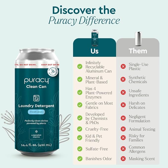 Puracy Liquid Laundry Detergent Clean Can Refill - Enzyme-Powered Liquid Laundry Detergent Concentrate, Natural Laundry Detergent Seen on TikTok, Non-Toxic (Fresh Linen, 14.4 fl)